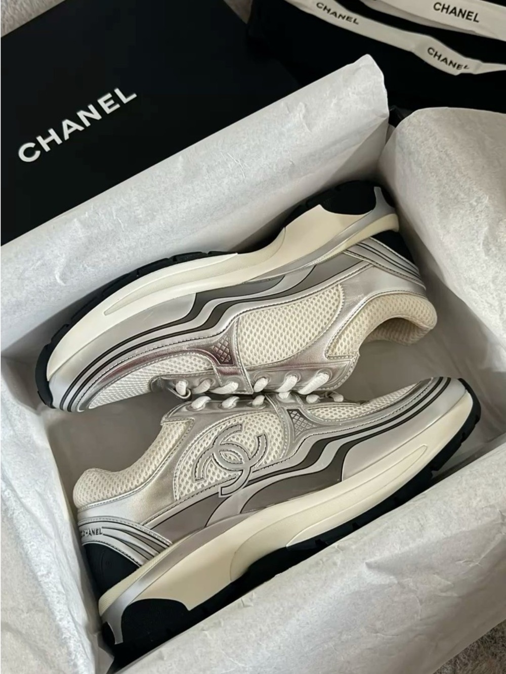 CHANEL White and Silver CC Logo Mesh & Leather Sneakers (no box)